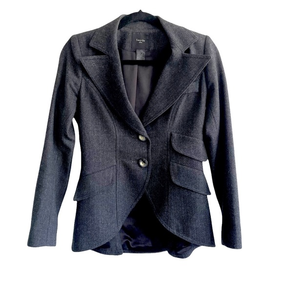 SMYTHE Wool Charcoal Gray Herringbone Equestrian Blazer Leather Elbow Patches 4 - Picture 2 of 11